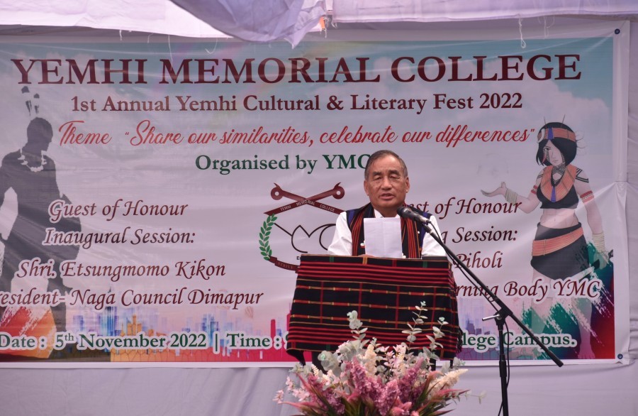E Kikon, President, Naga Council Dimapur speaking during the Yemhi Memorial College 1st Annual Yemhi Cultural and Literary Fest on November 5.